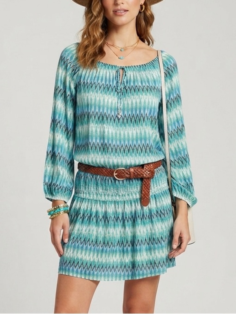 Jones New York Blue Green Chevron Zig Zag Print Long Sleeve Scoop Shift Dress